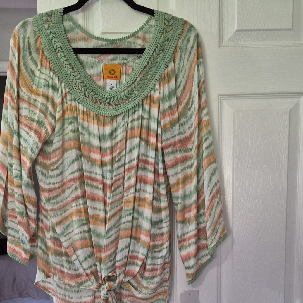 NWT Ruby Rd. Mint Crochet-Neck Tie-Front Striped Tunic -MEDIUM